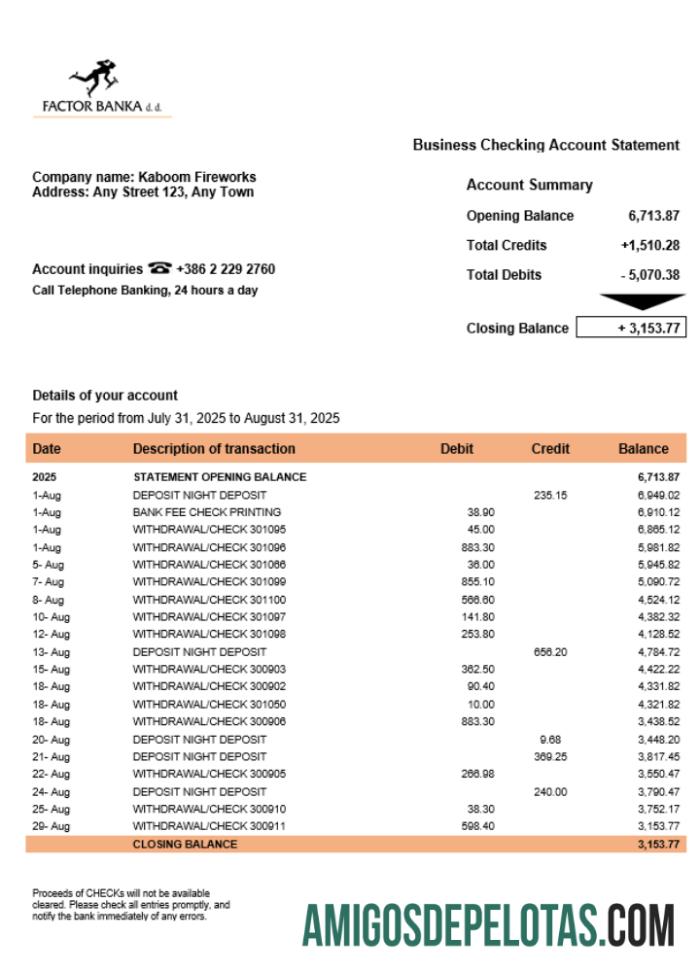 Imprimível Eslovênia Factor Banka Firm Account Statement Word And PDF model